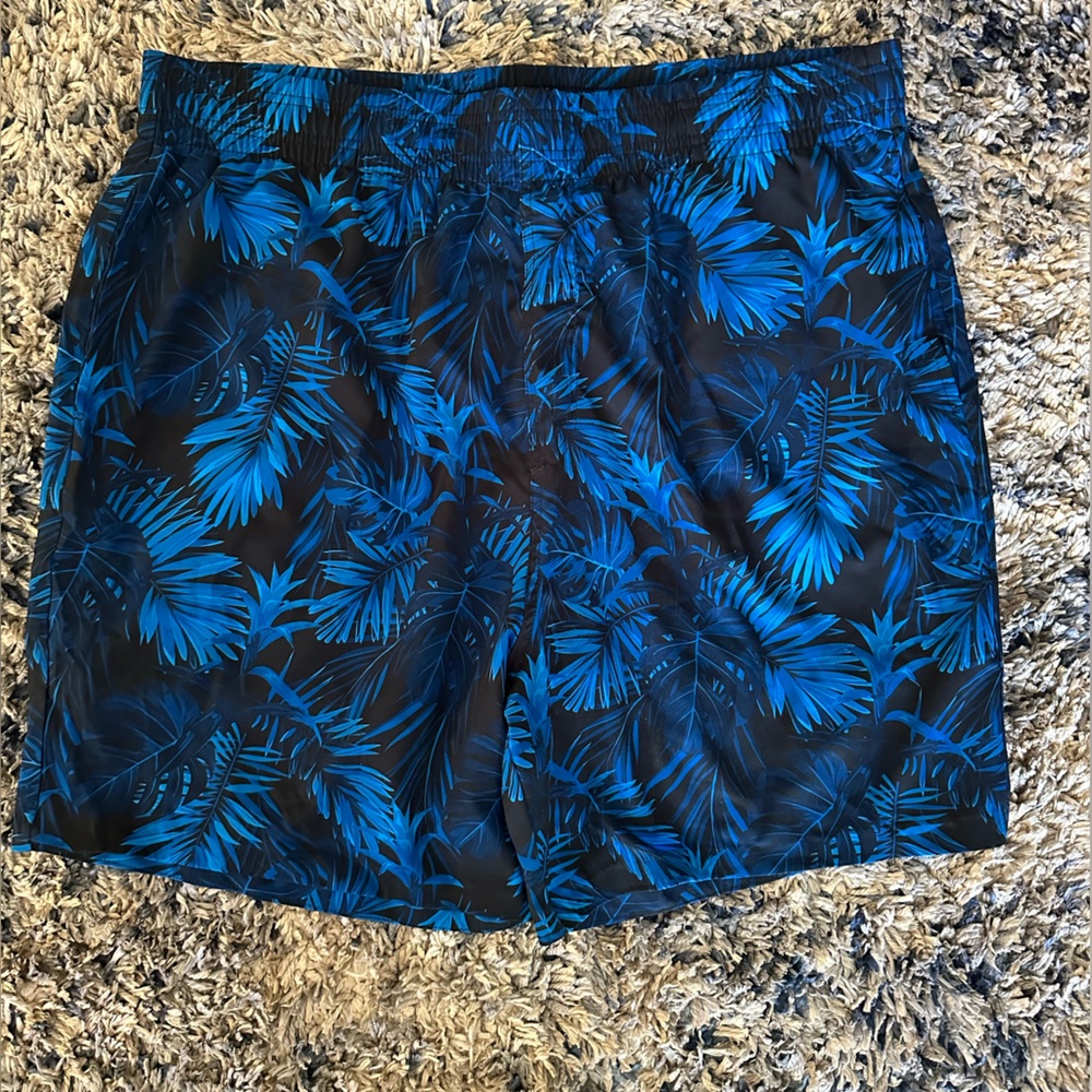 Men's Athletic Swim Shorts - Blue Tropical Print